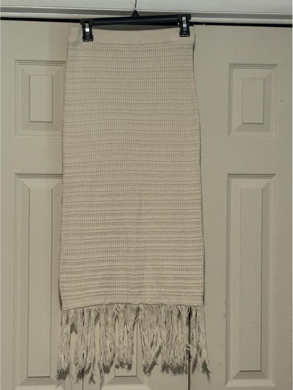 Boho Crochet Knit Fringe Midi Skirt Cream Coastal Fisherman Style Womens